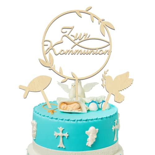 Cake Topper Kommunion, Holz Tortendeko Zur Kommunion, Taufe Fische Konfirmation Torten Topper, Erstkommunion Kuchen Deko Tortendeko Party für Junge Mädchen von JOJOR