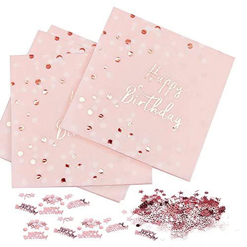 32 Stück Servietten Geburtstag Rosegold, Happy Birthday Servietten Rosa, Geburtstagsservietten Rosegold 33x33cm Servietten Geburtstag für Frau Mädchen Geburtstag Party Deko von O-Kinee