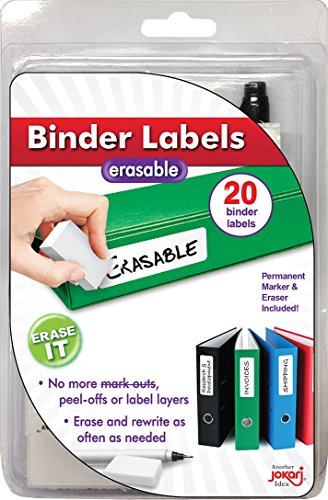 JOKARI Löschbare Wiederverwendbare Büro- und Schulbinderetiketten, 3,4 x 1 Zoll. Das Kit enthält 20 Aufkleber mit Permanentmarker und Radiergummi von JOKARI