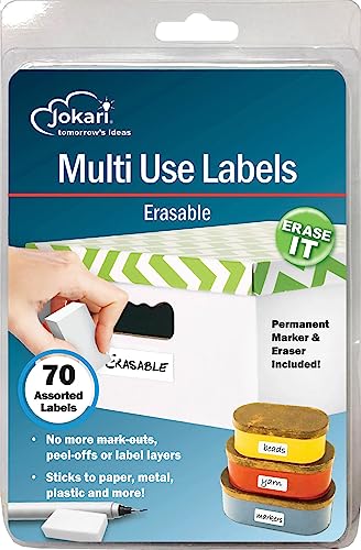 Jokari 47802 - Starter-Pack Multi Use Labels - für löschbare Mehrzwecketiketten mit 70 Etiketten, Radiergummi und Stift - Weiß von JOKARI