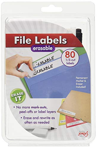 Jokari WSK40 - Erasable File Labels - Laminierte löschbare Feilenetiketten 1/3 Schnitt - Starterpaket mit 80 Etiketten, Radierer & Stift - Weiß - EINWEG von JOKARI