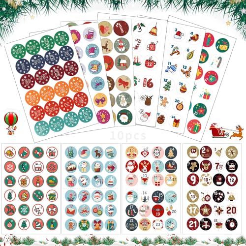 10pcs Aufkleber Weihnachten Adventskalender, Adventskalender Zahlen Aufkleben runde Zahlenaufkleber, Adventskalenders Zahlen Aufkleber, Weihnachten Zahlen Sticker zum Basteln und Dekorieren (A) von JOKILY