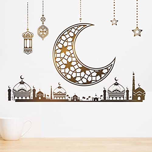 2 Stück Ramadan Aufkleber Wanddekoration, Eid Mubarak Wandkunst Dekoration, Eid Islamische Dekoration, Mond Sterne Buchstaben Selbstklebende Aufkleber Golddekor, Wandaufkleber für Zuhause (A) von JOKILY