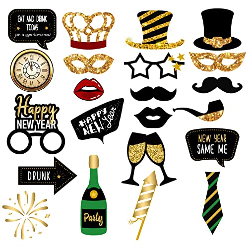 JOKILY 22-stück Neujahrs-Fotorequisiten Set, Silvester Photo Booth Props, Pappe, Schneideausschnitt, Partyfotoautomat Zubehör, Gold von JOKILY