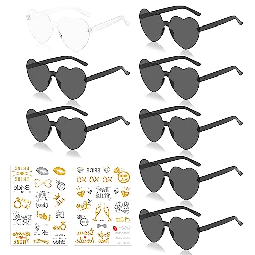 Bride Herz Brille, 8 Stück Partybrille Herz Sonnenbrille, Bride to Be Herz Brille Set, Braut Sonnenbrillen Team Braut Herz Brillen Transparent, JGA Partybrillen mit 2 Team Bride Tattoo Aufkleber (A) von JOKILY