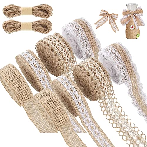 8 Rollen Juteband Vintage Spitzenband, Natürliche Jute Bänder und Spitze, Natur Juteband Spitzenband mit 20m Hanfseil, Weisse Spitzen für DIY Handwerk Weihnachten Deko Hochzeit Party Basteln Geschenk 8 Rollen Juteband Vintage Spitzenband, Natürliche Jute Bänder und Spitze, Natur Juteband Spitzenband mit 20m Hanfseil, Weisse Spitzen für DIY Handwerk Weihnachten Deko Hochzeit Party Basteln Geschenk von JOKILY