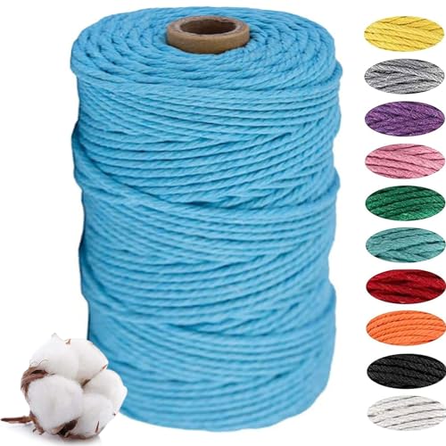 JOKILY Makramee Garn 3mm x 100m, Natur beige Baumwollgarn ohne Chemie, Makramee Garn Set, Macrame Cord für DIY Handwerk Basteln Wandbehang Blumenampel Pflanze Aufhänger Stricken (Himmelblau) von JOKILY