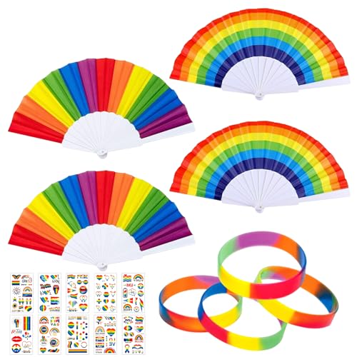 Regenbogen Fächer set, 4 Stück Regenbogen Faltfächer, 4 Stück Armbänder, 10 Blätter Temporäre Tattoos, Regenbogen Handfächer Dekoration, Regenbogen Folding Hand Fans für Regenbogen Party Mitbringsel von JOKILY