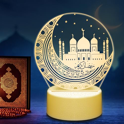 JOKSNK Ramadan Lichter Monddekorationslampe, muslimische Holz Ramadan Nachtlicht, LED Ramadan Märchenlampe 2025 Ramadan Crescent Night Decoration Gebete Lampe, islamische Dekoration Ramadan von JOKSNK