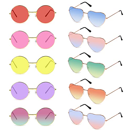 JOLIGAEA 10 Paare Partybrille, Herz Sonnenbrille + Rund Hippie Sonnenbrille, Transparente Candy Color Sonnenbrille, Herz Brille für Halloween, Fasching, Geburtstagsfeier Party, Hippie Kostüm Zubehör von JOLIGAEA