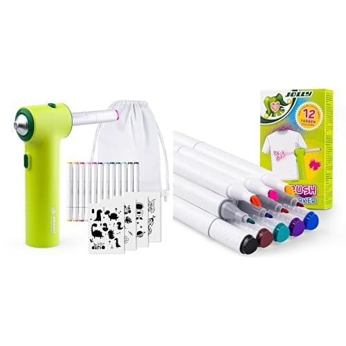 JOLLY Bundle Airbrush Textil Set, inkl. 12 Textilmarker mit Doppelspitze, 4 Schablonen und 1 Sportbeutel Textilmarker, Nachfüllung Textil Airbrush, 12 Farben JOLLY Bundle Airbrush Textil Set, inkl. 12 Textilmarker mit Doppelspitze, 4 Schablonen und 1 Sportbeutel Textilmarker, Nachfüllung Textil Airbrush, 12 Farben von JOLLY