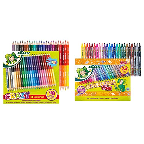 JOLLY Superstick Crazy Farbstifte 24 Stifte mit 48 Farben & Superstar ONE Fasermaler Hochwertiger Filzstift Auswaschbar 24 Stück im Kartonetui 4445-0030 24 Fasermaler von JOLLY