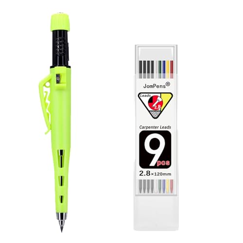 Druckbleistift-Set, 2,8 mm, für Tischler, Holzbearbeitung, Marker für tiefe Löcher, robuste Schutzhülle mit eingebautem Spitzer mit 1 Box farbiger Mine, Gelb von JOMPENS