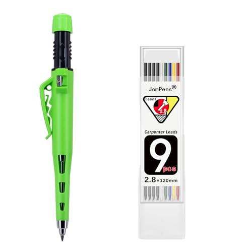 Druckbleistift-Set, 2,8 mm, für Tischler, Holzbearbeitung, Marker für tiefe Löcher, robuste Schutzhülle mit eingebautem Spitzer mit 1 Box farbiger Mine, Grün von JOMPENS