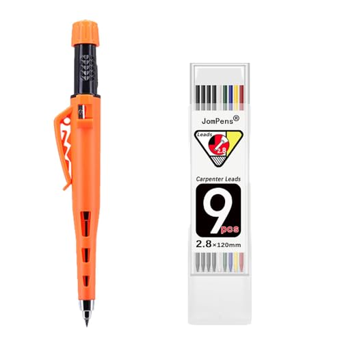 Druckbleistift-Set, 2,8 mm, für Tischler, Holzbearbeitung, Marker für tiefe Löcher, robuste Schutzhülle mit eingebautem Spitzer mit 1 Box farbiger Mine, Orange von JOMPENS