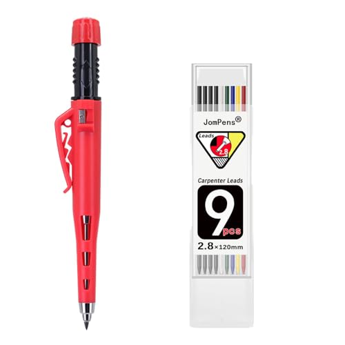 Druckbleistift-Set, 2,8 mm, für Tischler, Holzbearbeitung, Marker für tiefe Löcher, robuste Schutzhülle mit eingebautem Spitzer mit 1 Box farbiger Mine, Rot von JOMPENS