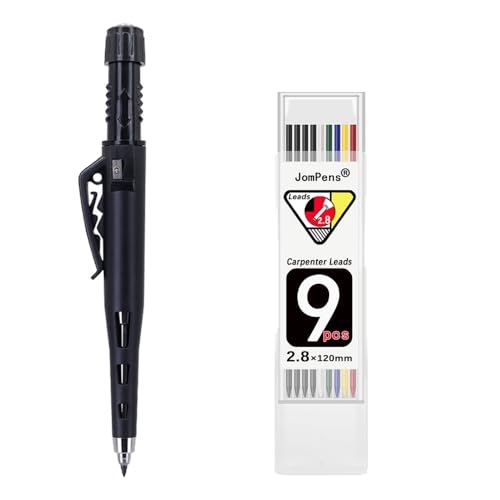 Druckbleistift-Set, 2,8 mm, für Tischler, Holzbearbeitung, Marker für tiefe Löcher, robuste Schutzhülle mit eingebautem Spitzer mit 1 Box farbiger Mine, Schwarz von JOMPENS