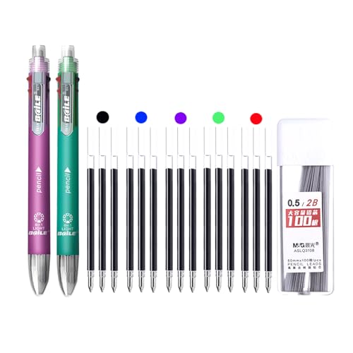 JOMPENS 18-teiliges 6-in-1-Kugelschreiber-Set, einziehbar, 5 Farben und Druckbleistift in einem Stift, Multifunktions-Stift, Schreibwaren (lila und grün) von JOMPENS
