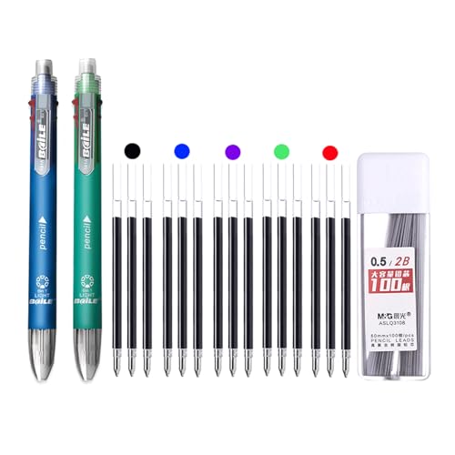 JOMPENS 18-teiliges 6-in-1 mehrfarbiges Kugelschreiber-Set, einziehbar, 5 Farben und Druckbleistift in einem Stift, Multifunktionsstift, Schreibwaren (blau und grün) von JOMPENS