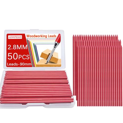 JOMPENS 50 Stück 2,8 mm Bleistiftminen, Tischlermarkierungsminen, hohe Kapazität, 50 Stück für Druckbleistifte mit langer Nase und tiefem Loch, 50 Stück (rot) von JOMPENS