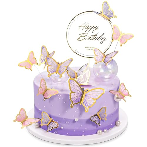 JOOTUEPO 23 Stück Schmetterlinge Deko Torte, Geburtstag Tortendeko, Schmetterling Cupcake Topper, Cupcake Toppers, Kuchen Dekoration (Rosa & Lila) von JOOTUEPO