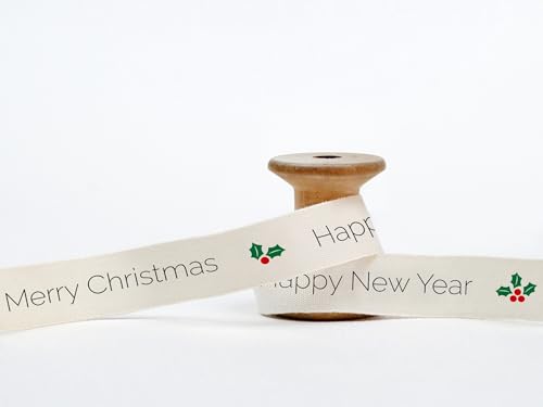 Baumwollband mit Aufschrift "Merry Christmas, Happy New Year" und Stechpalme, 15 mm, 9 m, Baumwollband für Geschenkverpackung, Ladenverpackung, Firmengeschenke Baumwollband mit Aufschrift "Merry Christmas, Happy New Year" und Stechpalme, 15 mm, 9 m, Baumwollband für Geschenkverpackung, Ladenverpackung, Firmengeschenke von JOOYZ