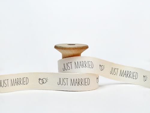 Bedrucktes Band mit Aufschrift "Just Married", 15 mm, 100 % natürliche Baumwolle, natürliches Band für Hochzeitsgeschenke, Gastgeschenke, Ringbedrucktes Stoffband von JOOYZ