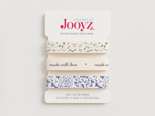 Handgefertigtes Band-Set, 3 Stück, 15 mm, Baumwolle, hergestellt mit Liebe, rosa Blumen, Porzellan-Blau, Geschenkpapier, Boutique-Verpackung von JOOYZ