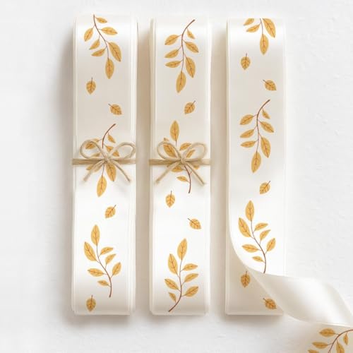 Herbstband mit Zweigen – 20 mm Satin mit goldenem Blatt-Design für rustikale Kränze, Erntedank-Tischdekoration und saisonale Geschenkpapier von JOOYZ