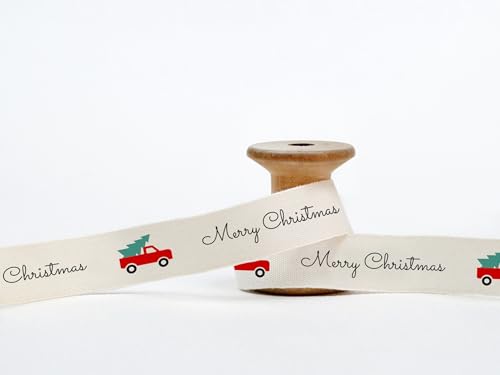 Merry Christmas Band, Vintage Red Truck & Pine - 5/8" (15 mm), 9 m Baumwollband für Neujahrsgeschenke, Feiertagsverpackung, festliche Gastgeschenke von JOOYZ