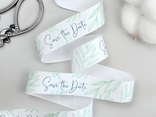 Save The Date Baumwollband – 20 mm, 9 m, weißes Hochzeitsankündigungsband mit grünen Blättern für rustikale Einladungen von JOOYZ