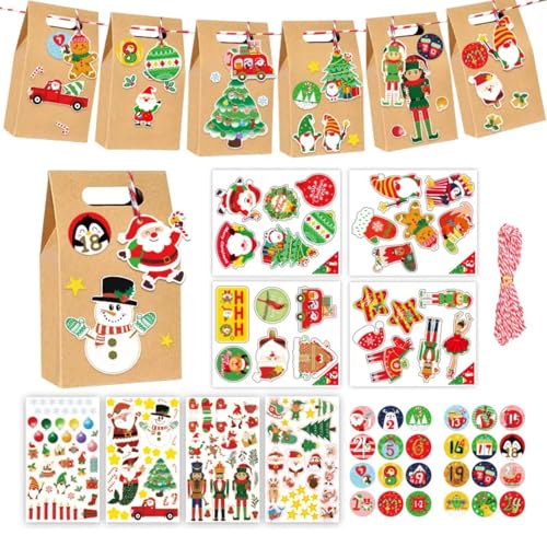 24 Stück DIY-Weihnachts-Adventskalender-Papiertüten Komplettset, leere 24-Tage-Weihnachts-Countdown-Kalender-Geschenkboxen, Weihnachts-Karton-Zahlenboxen, Weihnachts-Geschenkbeutel (Braun) von JOPOYOCO