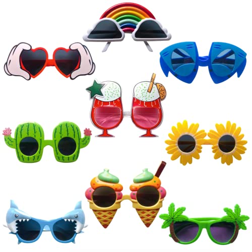 JOPOYOCO 9Pcs Hawaii Neuheit Sonnenbrillen, Weihnachtsfeier Spaß Brille Crazy Party Kleid Brille Zubehör Neuheit Kostüm Party Karneval Brille Event Dekoration Strand Party Supplies von JOPOYOCO