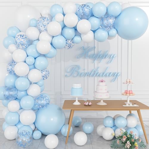 Luftballons Girlande Blau Weiß, JORAKI 100 Stk BabyParty luftballons mit Blau Weiß Latexballon, Konfetti Luftballons, Baby Shower Ballonbogen Set für Junge Geburtstag Party Hochzeit Dekorationen von JORAKI