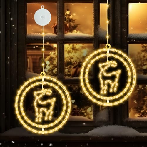 JORETLE LED Doppelrunde 2 Elch weihnachtsdeko fenster, Warmweiß Lichtervorhang weihnachtsbeleuchtung mit Saugnäpfe,Batteriebetrieben,für Weihnachten Deko, Balkon, Party, Hochzeit (2 Stück) von JORETLE