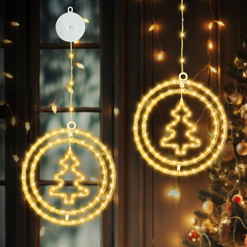 JORETLE LED Doppelrunde Weihnachtsbaum weihnachtsdeko Fenster, Warmweiß Lichtervorhang weihnachtsbeleuchtung mit Saugnäpfe,Batteriebetrieben,Für Weihnachten Deko, Balkon, Party (2 Stück) von JORETLE