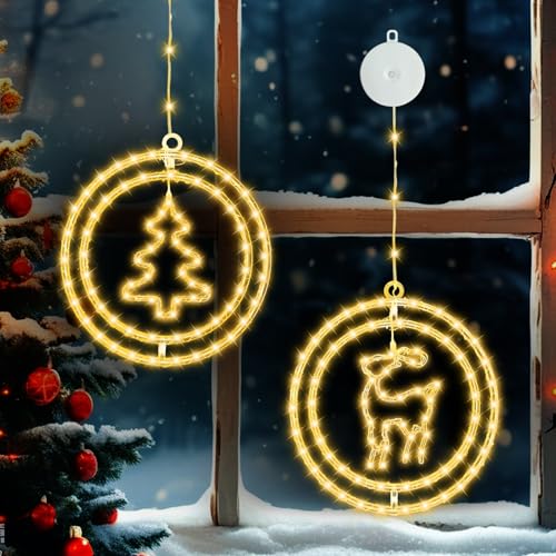 JORETLE LED Doppelrunde Weihnachtsdeko Fenster, Warmweiß Lichtervorhang Weihnachtsbeleuchtung Mit Saugnäpfe,Batteriebetrieben,Für Weihnachten Deko, Balkon, Party (2 Stück,Weihnachtsbaum,Elch) von JORETLE