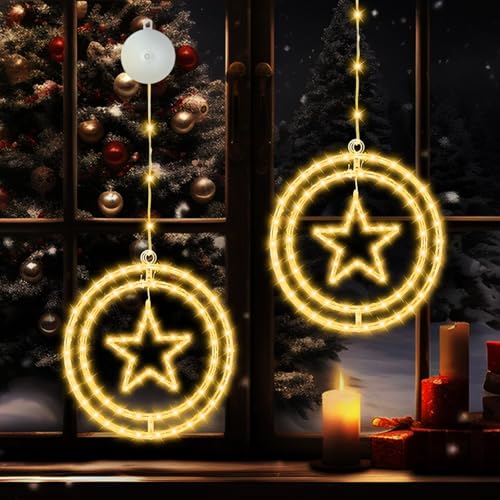 JORETLE LED Doppelrunde weihnachtsdeko fenster, Warmweiß Lichtervorhang weihnachtsbeleuchtung mit Saugnäpfe,Batteriebetrieben,für Weihnachten Deko, Balkon, Party, Hochzeit (2 Stück,Stern) von JORETLE