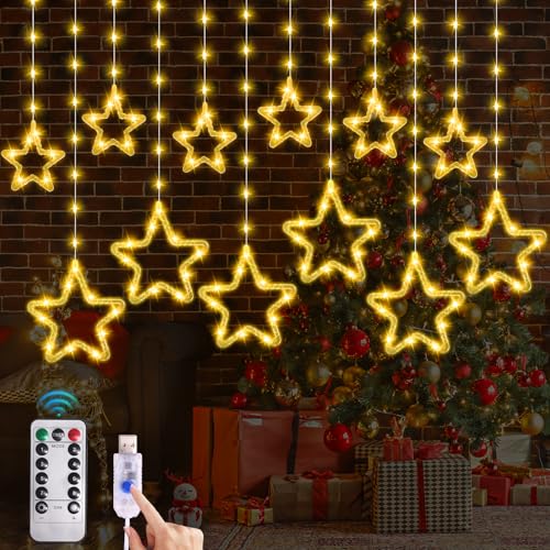 JORETLE 3.6m Lichterkette Sterne Strom,Weihnachtsbeleuchtung Fenster,Fenster Lichterkette mit 12er Sterne, 8 Modi und Timer,Fernbedienung,Lichterkette Innen Sterne für Weihnachtsdeko Warmweiß von JORETLE