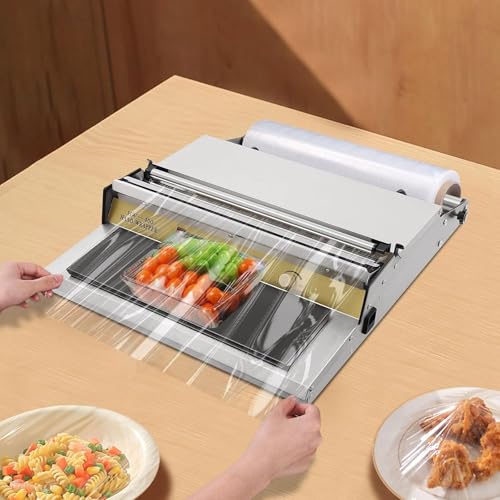 JOSBY 17,72 Zoll Lebensmittelverpackungsmaschine, 300-W-Verpackungsmaschine, Folienverpackung, einstellbare Temperatur, mit Cutter und Heizplatte, Spender für Frischhaltefolie mit großem Tablett von JOSBY