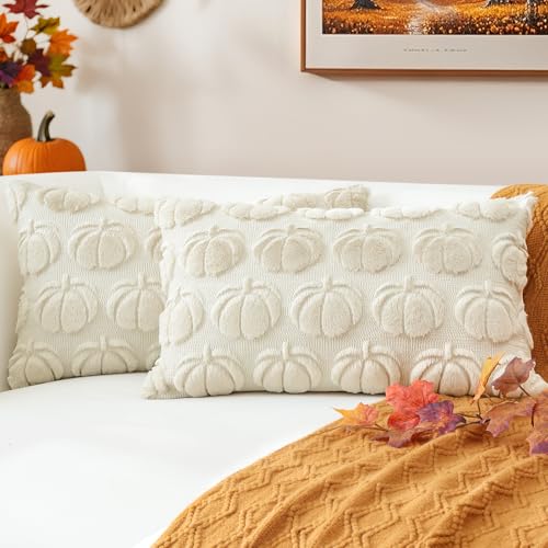 JOTOM 2er Set Kürbis Kissenbezüge, Plüsch Kurze Wolle Dekorativ Zierkissenbezüge Herbst Boho Kissenhüllen Sofakissen Moderne Kissenbezug Herbstdeko für Wohnzimmer Garten (30x50cm, Creme Beige) von JOTOM