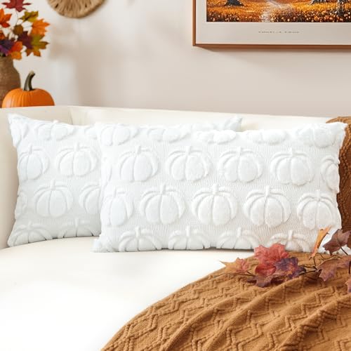 JOTOM 2er Set Kürbis Kissenbezüge, Plüsch Kurze Wolle Dekorativ Zierkissenbezüge Herbst Boho Kissenhüllen Sofakissen Moderne Kissenbezug Herbstdeko für Wohnzimmer Garten (30x50cm, Weiß) von JOTOM