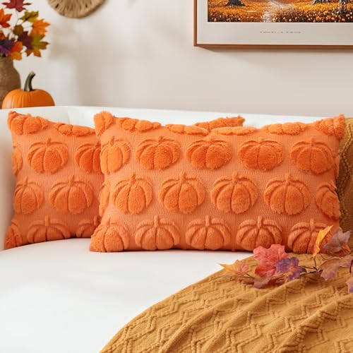 JOTOM 2er Set Kürbis Kissenbezüge, Plüsch Kurze Wolle Dekorativ Zierkissenbezüge Herbst Boho Kissenhüllen Sofakissen Moderne Kissenbezug Herbstdeko für Wohnzimmer Garten (40x60cm, Orange) von JOTOM