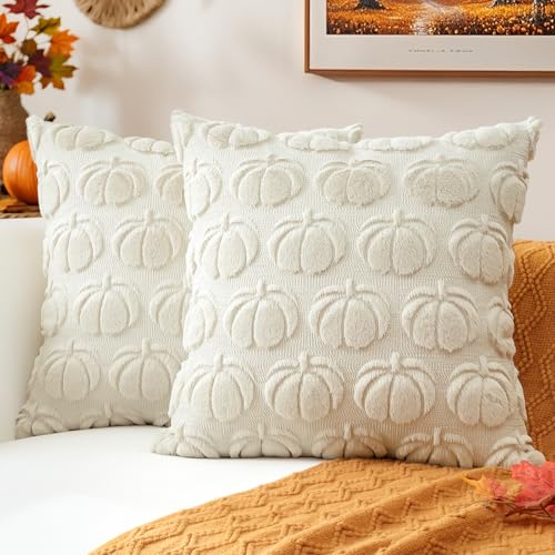 JOTOM 2er Set Kürbis Kissenbezüge, Plüsch Kurze Wolle Dekorativ Zierkissenbezüge Herbst Boho Kissenhüllen Sofakissen Moderne Kissenbezug Herbstdeko für Wohnzimmer Garten (60x60cm, Creme Beige) von JOTOM