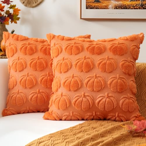 JOTOM 2er Set Kürbis Kissenbezüge, Plüsch Kurze Wolle Dekorativ Zierkissenbezüge Herbst Boho Kissenhüllen Sofakissen Moderne Kissenbezug Herbstdeko für Wohnzimmer Garten (60x60cm, Orange) von JOTOM