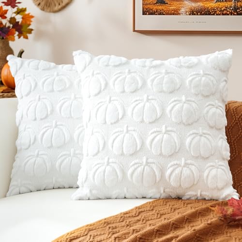 JOTOM 2er Set Kürbis Kissenbezüge, Plüsch Kurze Wolle Dekorativ Zierkissenbezüge Herbst Boho Kissenhüllen Sofakissen Moderne Kissenbezug Herbstdeko für Wohnzimmer Garten (60x60cm, Weiß) von JOTOM