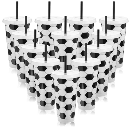 JOUTYFOR Kunststoff-Fußballbecher, wiederverwendbar, mit Deckel und Strohhalm, Sportgeschenke für Trainer-Fans, Männer, Frauen, Fußball-Party-Geschenke, Sport-Motto-Party-Dekoration, 680 ml, 12 Stück von JOUTYFOR
