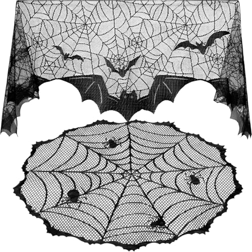 JOVITEC Halloween Dekorationen Set 40 Zoll Runde Spinnennetz Spitze Tischdecke Schwarz 19,7 x 78,7 Zoll Kamin Kaminmantel Schal und Spinne Tischläufer Spinnennetz Kaminschal für Halloween Party JOVITEC Halloween Dekorationen Set 40 Zoll Runde Spinnennetz Spitze Tischdecke Schwarz 19,7 x 78,7 Zoll Kamin Kaminmantel Schal und Spinne Tischläufer Spinnennetz Kaminschal für Halloween Party von JOVITEC