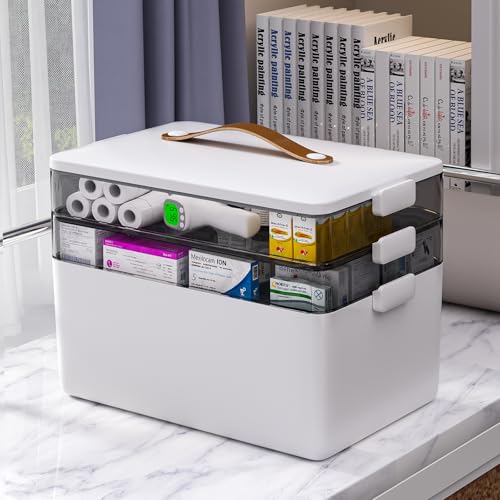 JOYBOS 3-stöckige Medizin-Aufbewahrungsbox, leeres Erste-Hilfe-Set, tragbarer Organizer für medizinische Versorgung mit Ledergriff für Zuhause von JOYBOS