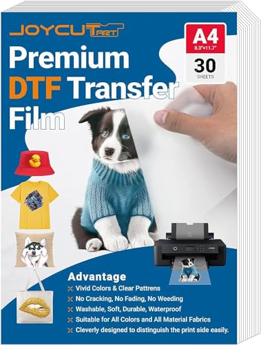 JOYCUT ART DTF Transferfolie – A4 (21.6x29.9 cm), 30 Blatt, doppelseitig, matte Oberfläche, transparente DTF-Folie für DTF Epson Tintenstrahldrucker, direkt zum Filmen von Transferpapier auf T-Shirts von JOYCUT ART